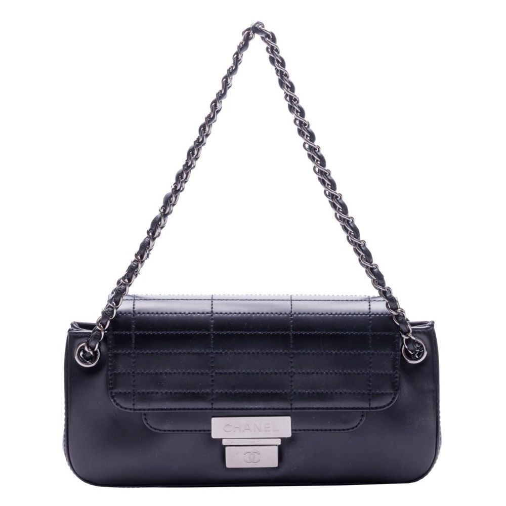 Metal Fittings Silver Pushlock Chain Shoulder Calf Leather Black Shoulder Bag
